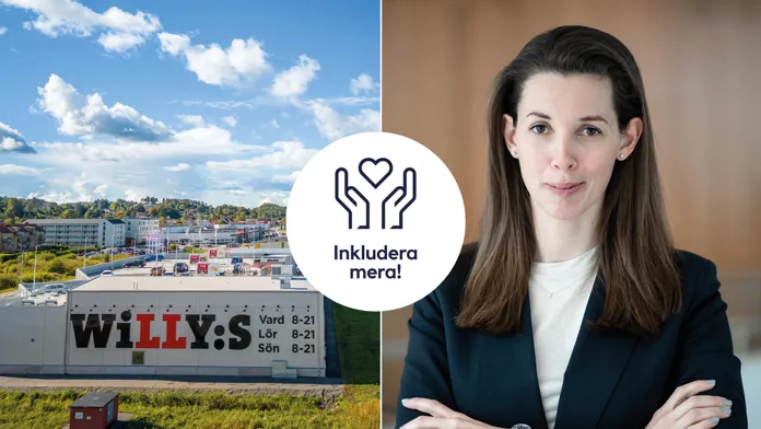 Louise Lindfors bredvid en Willys-butik